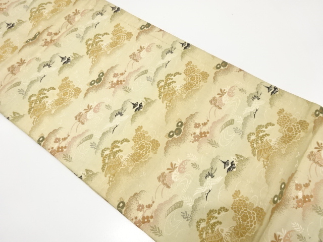 JAPANESE KIMONO / ANTIQUE MARU OBI / WOVEN CRANE & SCENERY